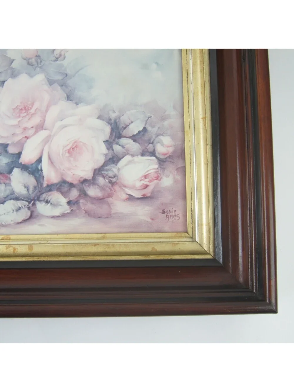 Antique Victorian Deep Picture Frame Wood Gold Gilt Vntg Sonie Ames Roses Print